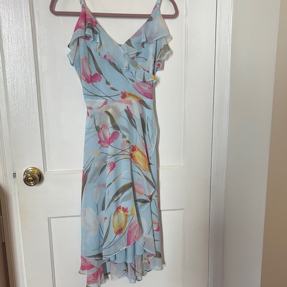 White House Black Market Light Blue Floral Ruffle-Trim Midi Dress